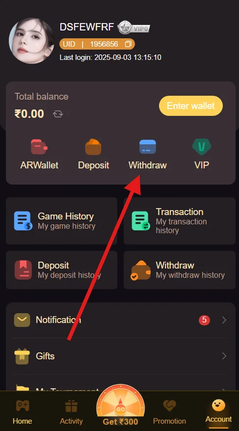 An image of the Account page with a red arrow pointing towards the Withdraw option.